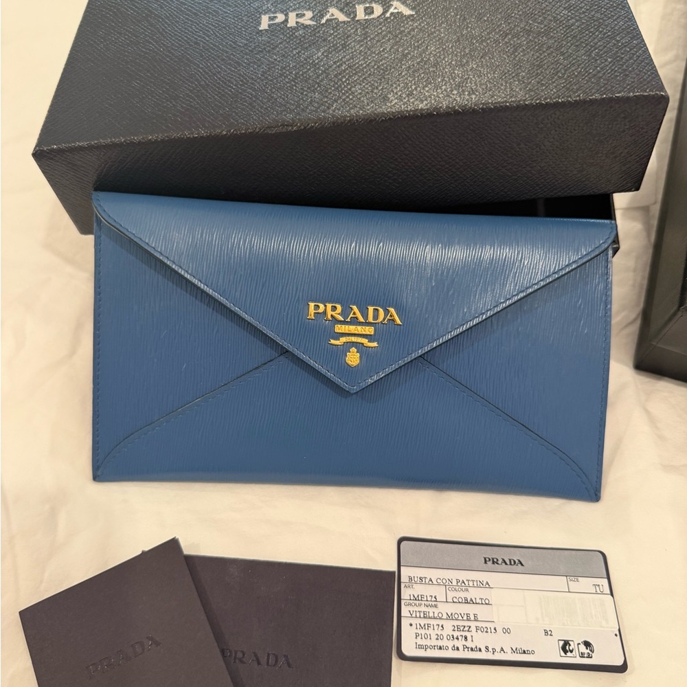 Prada Azure Envelope Clutch with Gold Accents